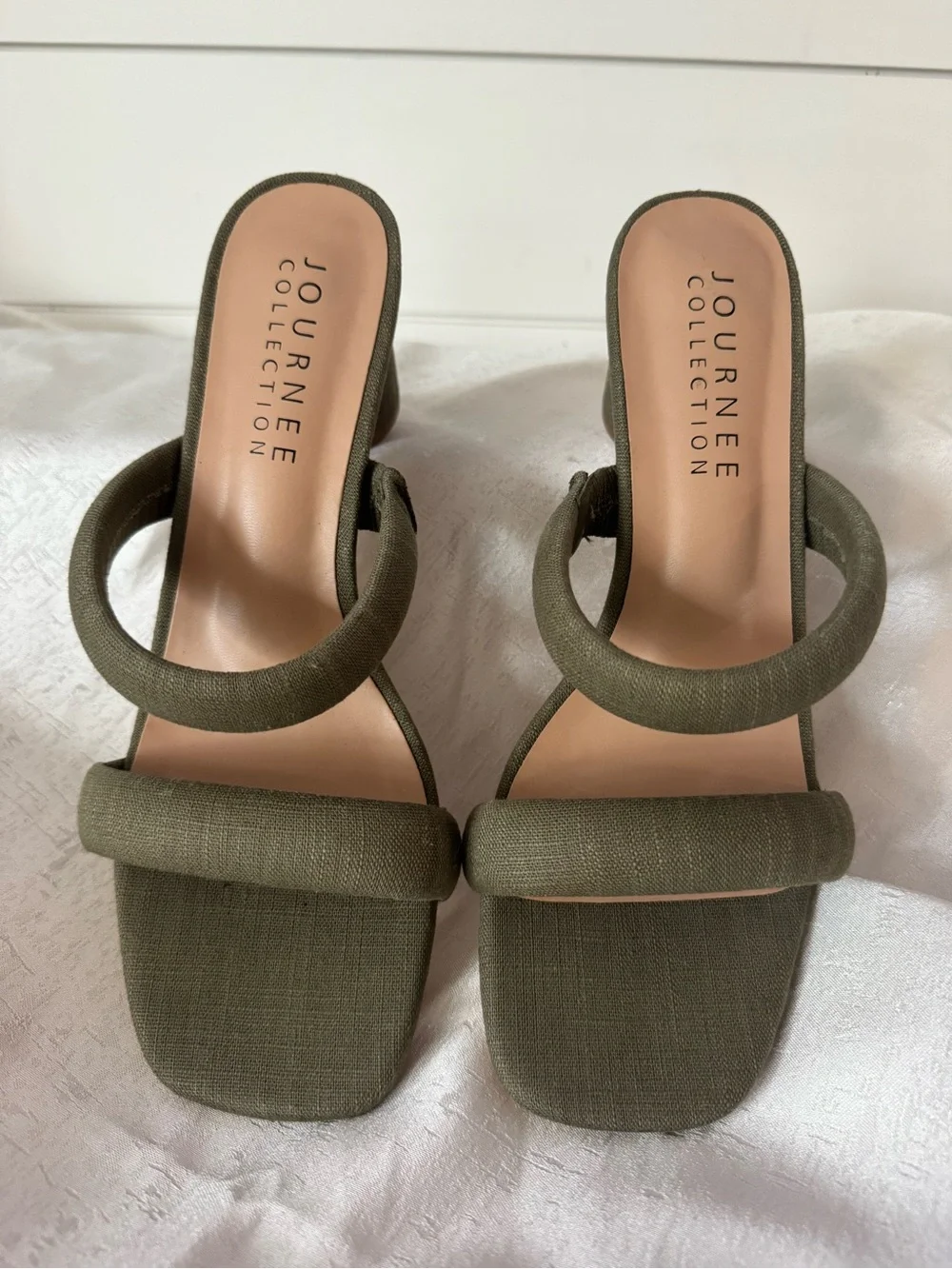 Journee Collection Olive Green Linen Puff Double-Strap Round Block Heel